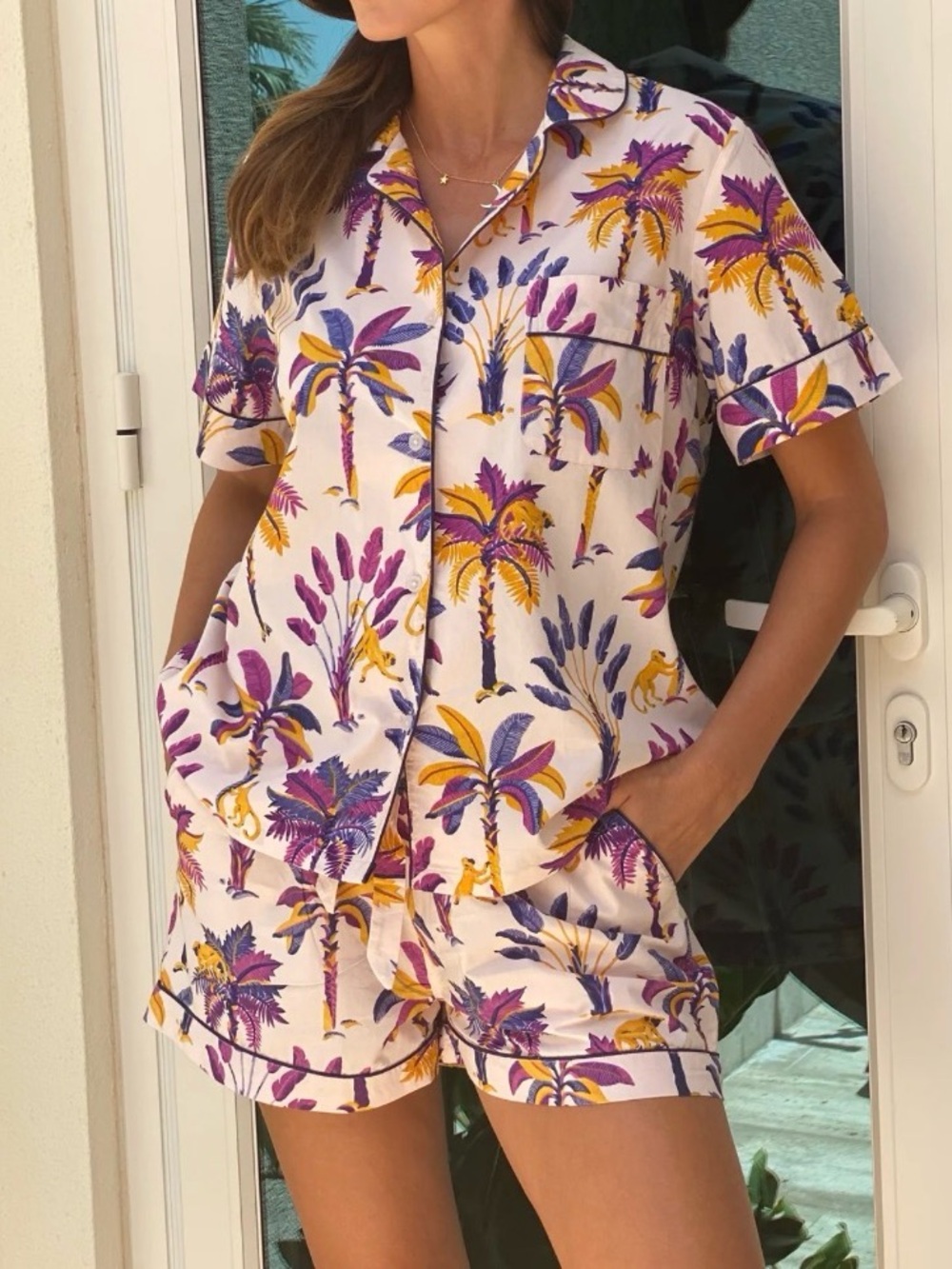 Tropical Palm Short Pajama Set in Cream with Purple & Yellow Print
